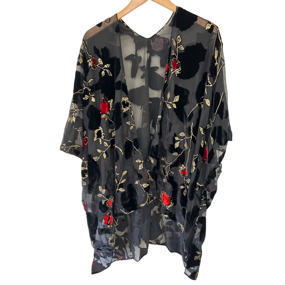 Lovestitch black red gold floral sheer cardigan OS One Size
